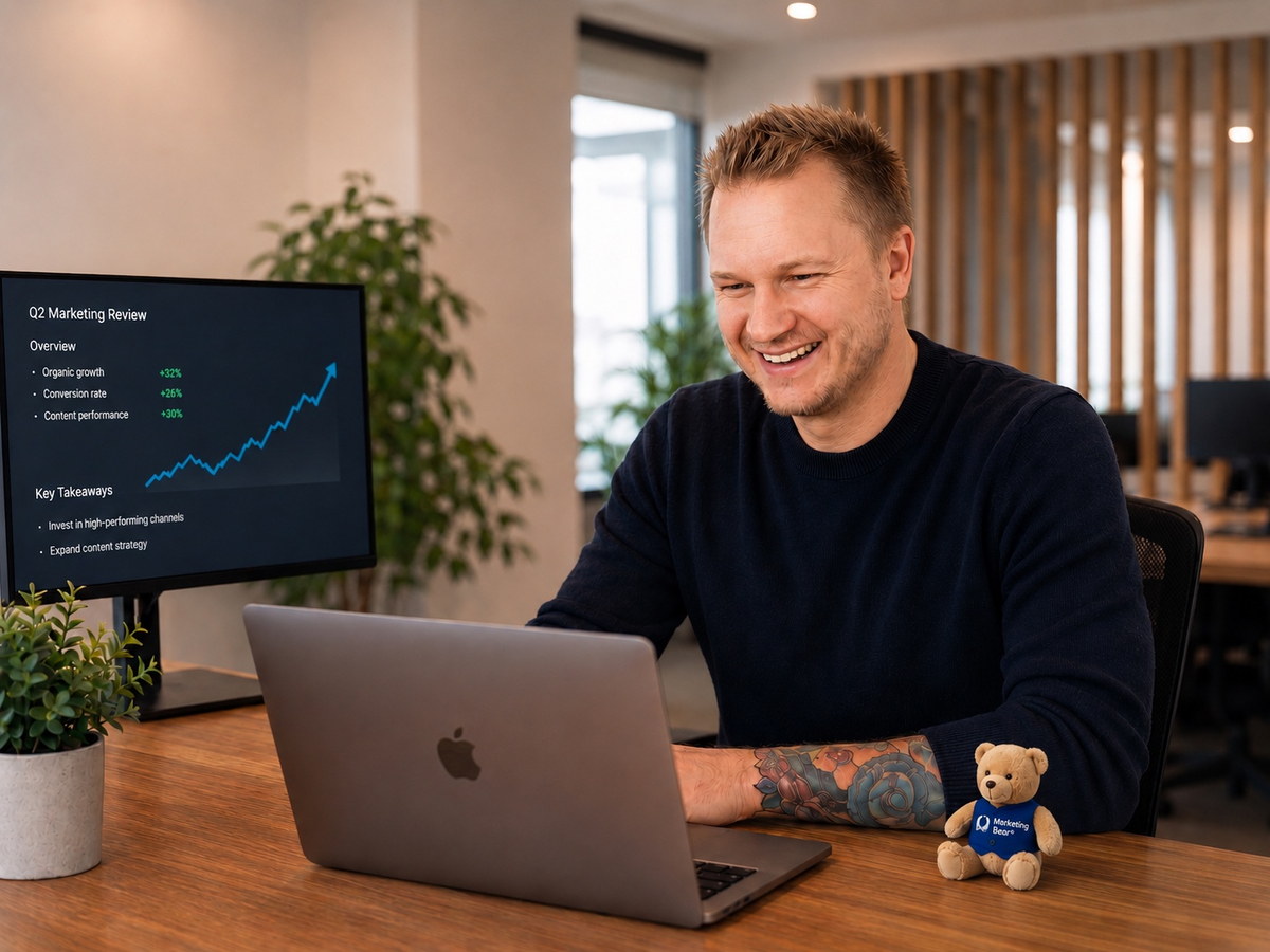 A Marketing Bear senior strategist walking a client through their findings on a video call