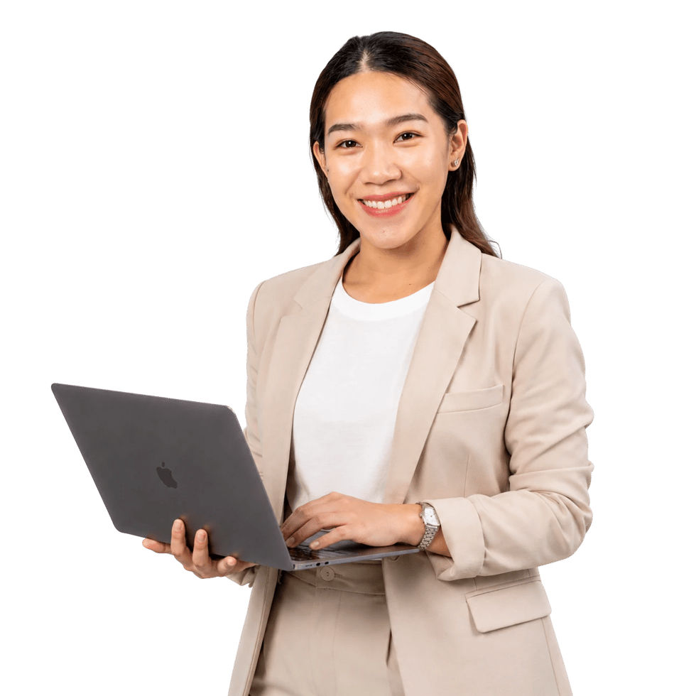 Nan, Chief Creative Officer at Marketing Bear, holding a laptop