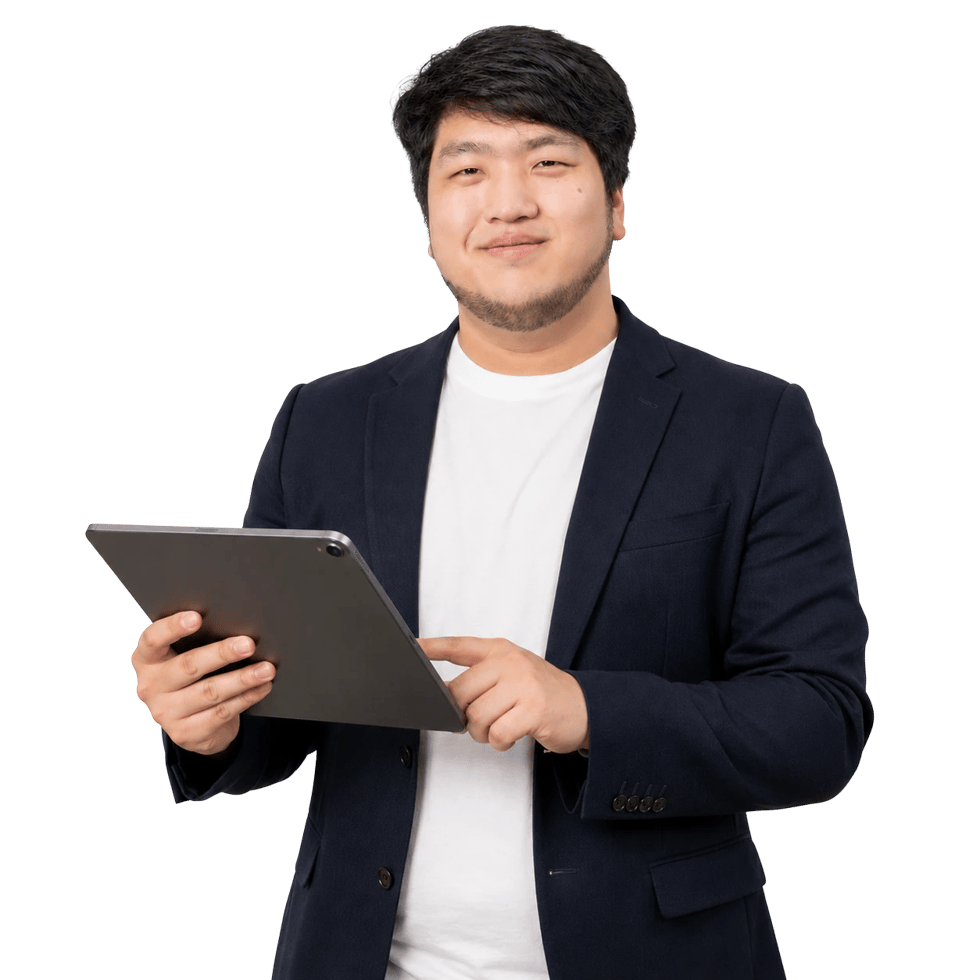 Seth, Content Strategist at Marketing Bear, holding a tablet