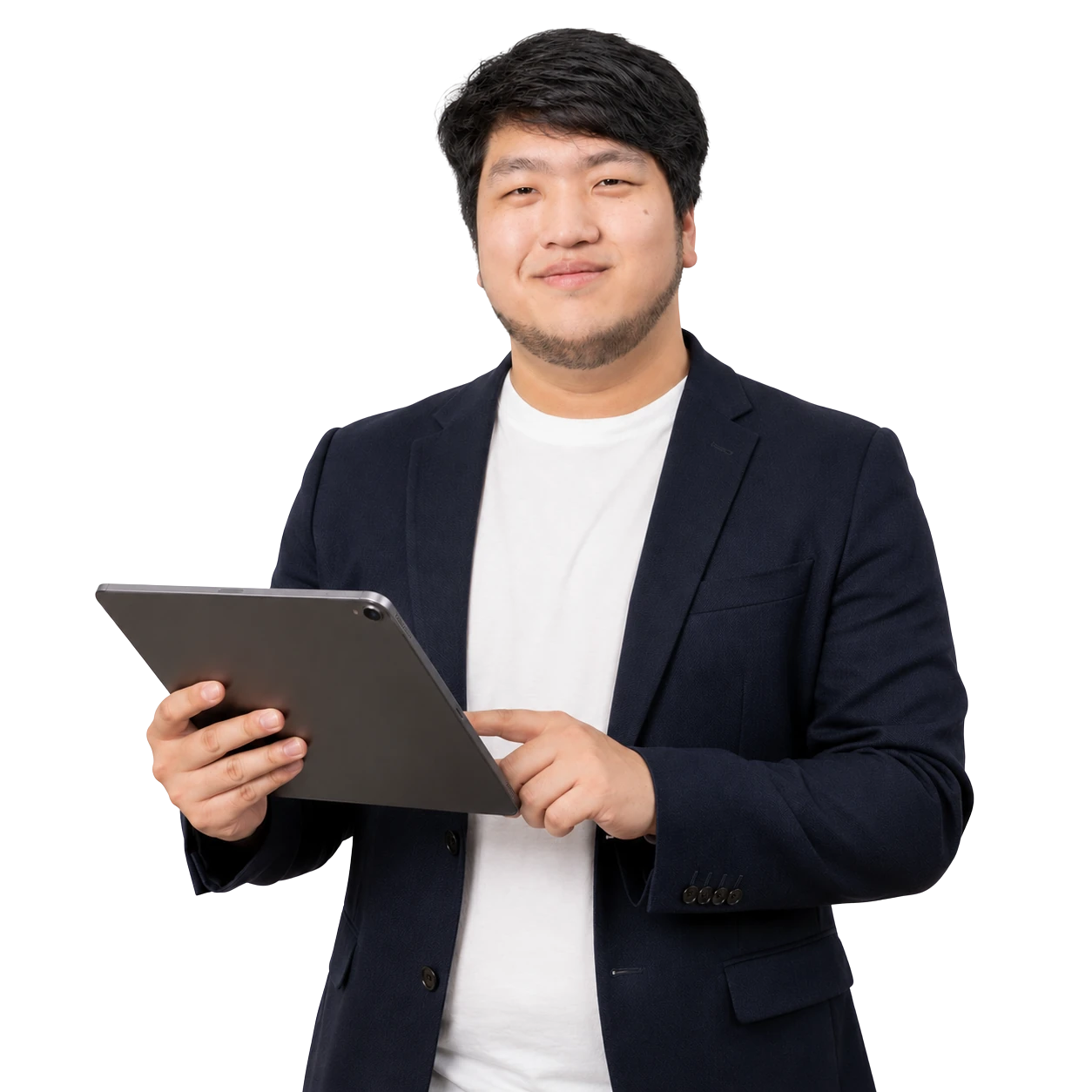 Seth, Content Strategist at Marketing Bear, holding a tablet